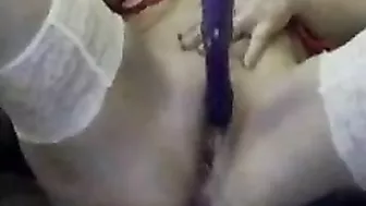 Masturbating Wife Screaming Orgasm in French Lingerie with Dildo and Stockings