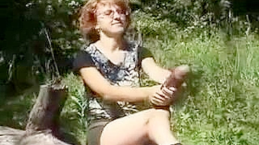 Redhead MILF Masturbates Outdoors with Huge Dildo & Glasses!