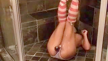 Masturbating Teen in Shower with Dildo and Panties