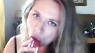 Pretty Blonde Teases with Dildo and Webcam Masturbation