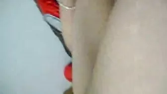 Shaven Young Brunette Solo Masturbation with Dildo and Orgasm