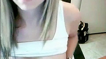 Busty Blonde Masturbates with Nipple Licking and Striptease on Webcam