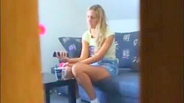 Masturbation Secrets Exposed - Young Blonde Teen Rubs Shaved Pussy with Dildo in Hidden Room