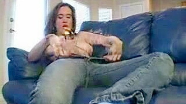 Brunette Teen Strips & Masturbates in Jeans with Big Tits