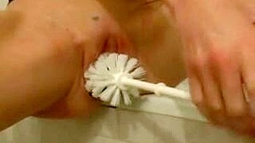 MILF Wife Bizarre Toilet Brush Masturbation with Dildo and Orgasm!
