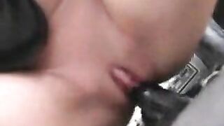 Shaved Pussy Rides Dildo Solo in Masturbation Car Fun