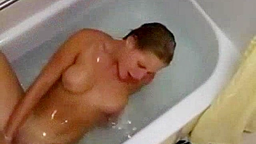 Blonde College Student Tight Body Masturbates with Dildo in Hot Bathtub