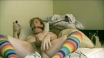 Homemade Gay Bondage Anal Cumshot with Gag & Rainbow Socks