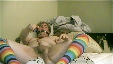 Homemade Gay Bondage Anal Cumshot with Gag & Rainbow Socks