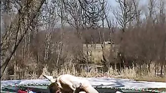 Homemade Outdoor Orgasm with Big Tits and Dick on Trampoline