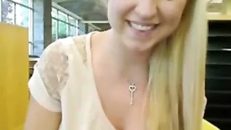 Homemade Porn Video with Teens Exhibiting Big Boobs & Squirting with Dildos in Library