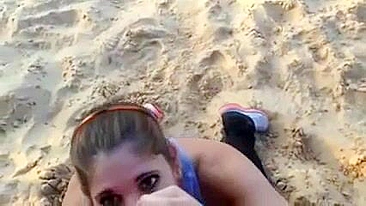 Homemade Beach Blowjob with Big Dick - Amateur Brunette Sucks Cock Outdoors