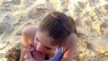 Homemade Beach Blowjob with Big Dick - Amateur Brunette Sucks Cock Outdoors