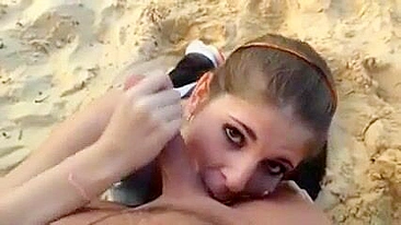 Homemade Beach Blowjob with Big Dick - Amateur Brunette Sucks Cock Outdoors