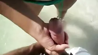 Homemade Beach Bikini Handjob with Cumshot and Stroking