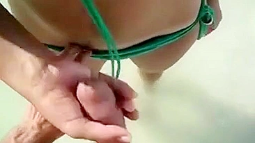 Homemade Beach Bikini Handjob with Cumshot and Stroking
