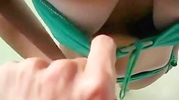 Homemade Beach Bikini Handjob with Cumshot and Stroking