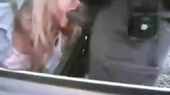 Interracial Blowjob in Public with Handcuffed Blonde Bitch