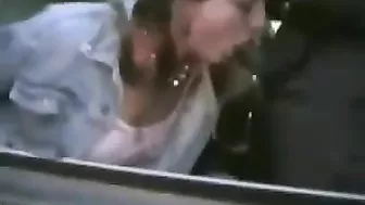 Interracial Blowjob in Public with Handcuffed Blonde Bitch