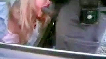 Interracial Blowjob in Public with Handcuffed Blonde Bitch