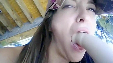 Homemade Outdoor Dildo Play with Big Boobs and Tits