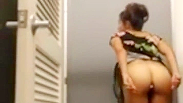 Homemade Porn Video with Skinny Brunette Masturbating in Dressing Room