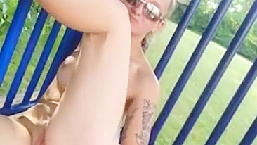 Public Park Amateur Blonde Slut Masturbating with Dildo & Exhibitionism