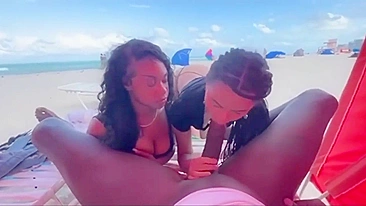 Homemade Threesome with BBC Sucked by Two Hotties at Public Beach