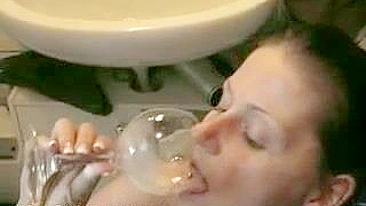German Couple Homemade Sex with Blowjob, Cum Eating, Swallowing & Wine Glass