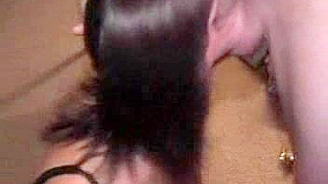 Amateur Brunette Pleasures Two Dicks in Homemade Threesome Blowjob