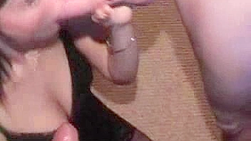 Amateur Brunette Pleasures Two Dicks in Homemade Threesome Blowjob