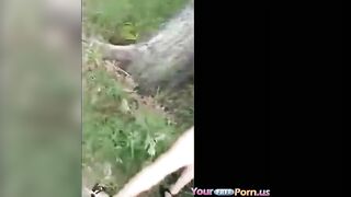 Outdoor Threesome with Brunettes - Amateur Gangbang in Public