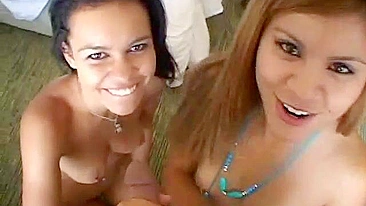 Amateur Latina Threesome Blowjob and Facial Cumshot