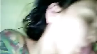 Amateur Brunette Gets Shared in Tattooed Threesome Gangbang