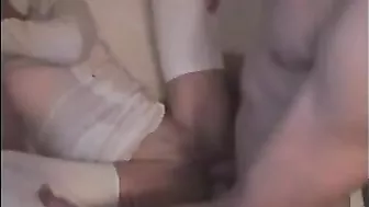 Brunette Swinger Gangbang Threesome with Cum in Mouth and Spitroast