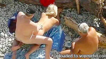 Blonde MILF Gets Gangbanged in Public Threesome with Cuckold Hubby and Young Bull