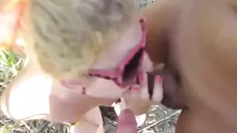 Blonde MILF Slut Eats Two Cocks and Gets Double Facial in Amateur Swinger Beach Threesome Blowjob