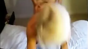 Skinny Blonde Babe Gets Cummed on by Two Guys in Amateur Threesome