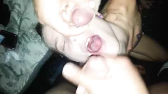 Homemade Wife Threesome Double Facial Blowjob GroupSex Amateur MILF Swinger