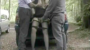 Blonde Cuckold Gets Gangbanged with Two Guys in Public