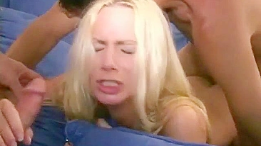 Amateur Blonde in Tight Pantyhose Gets Gangbanged by Two Men in Homemade Threesome