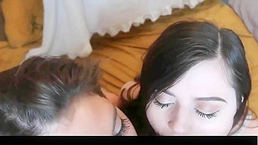 Amateur Brunette Threesome with Cum Swap & Blowjobs