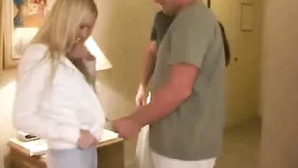 Allie Sticky Double Facial in Amateur Threesome with Big Tits and Swallow