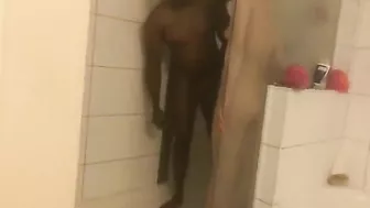 Amateur Interracial Shower Threesome with Big Black Cock and Facials