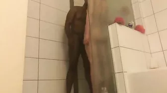 Amateur Interracial Shower Threesome with Big Black Cock and Facials