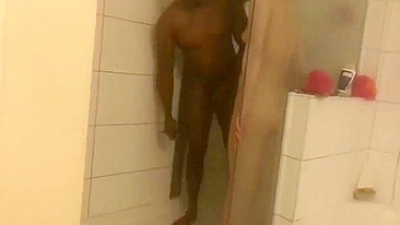 Amateur Interracial Shower Threesome with Big Black Cock and Facials