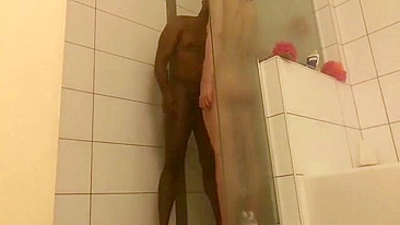 Amateur Interracial Shower Threesome with Big Black Cock and Facials