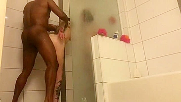 Amateur Interracial Shower Threesome with Big Black Cock and Facials