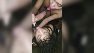 Amateur Threesome Blowjobs and Cumshots in Public