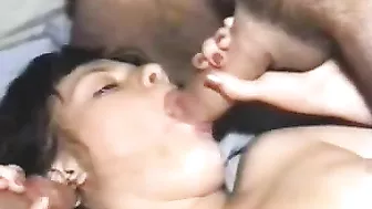 MILF First Gangbang with Shaved Small Tits and Cream Pie